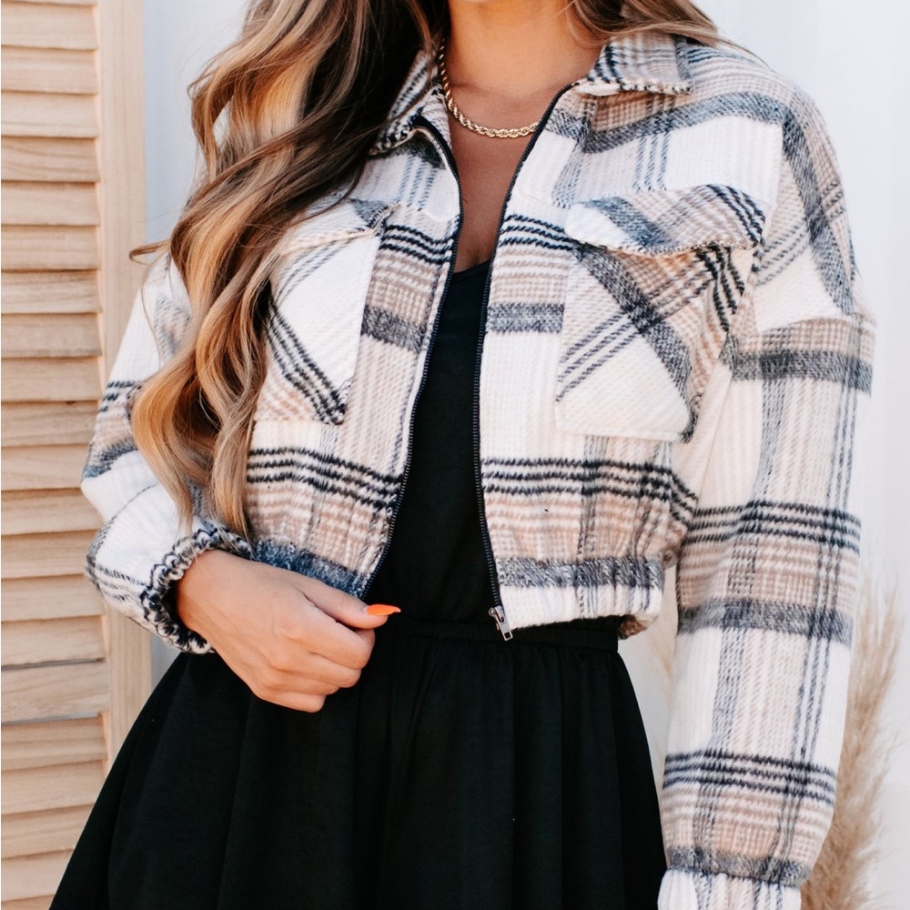 Cropped Plaid Zip-Up Jacket (Taupe/Black)